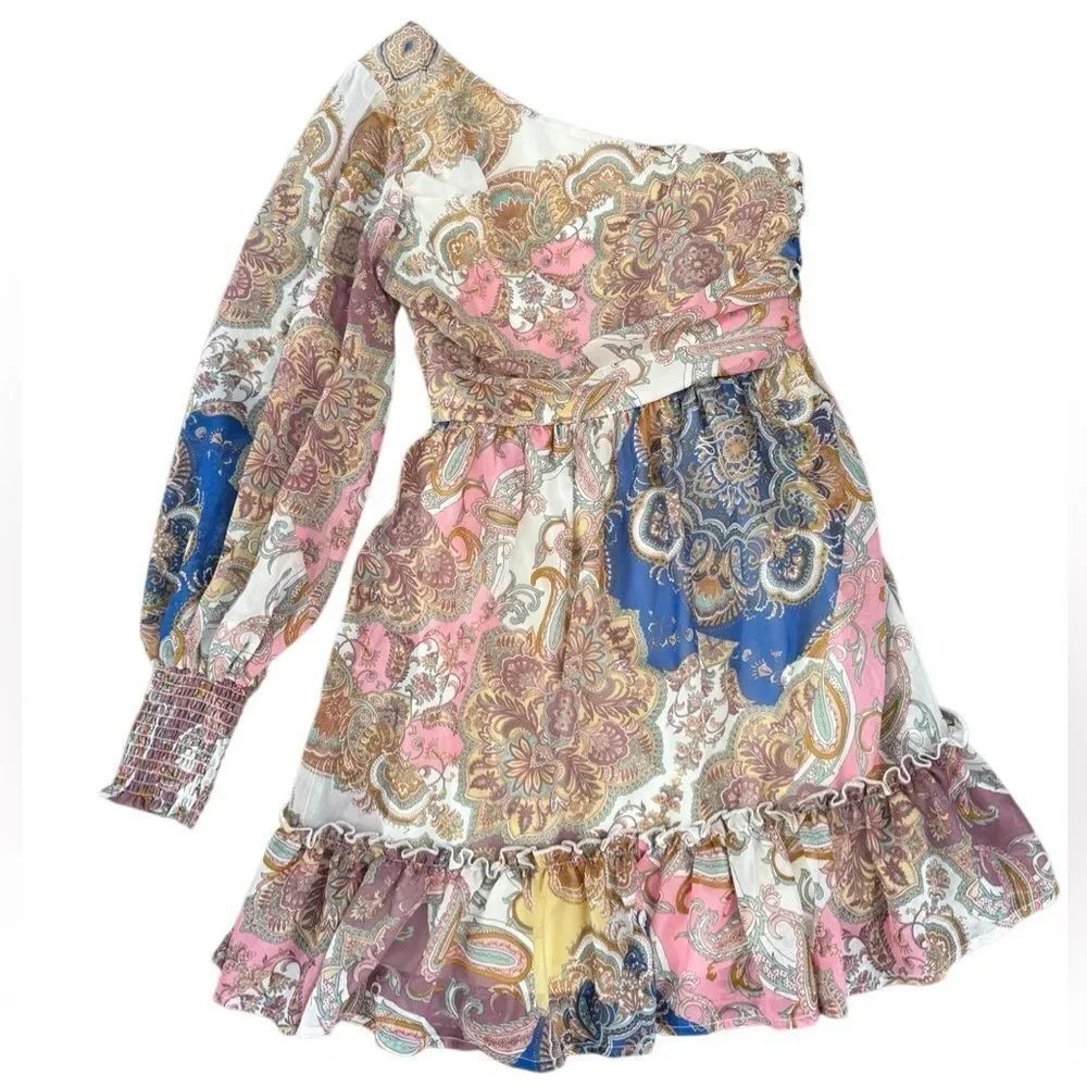 Venus Women's One Shoulder Paisley Smock Sheer Sleeve Mini Size 6